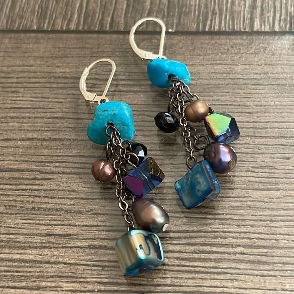 Vintage Sterling Lever Back Shell, Stone, and Crystal Dangle Earrings